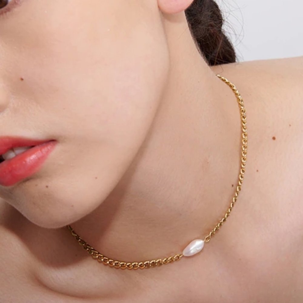 New 18K Gold Plated Natural Pearl Link Chain Necklace - Picture 8 of 8